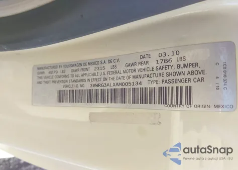 2010 Volkswagen New Beetle 2.5L from USA, damaged, VIN 3VWRG3ALXAM005134